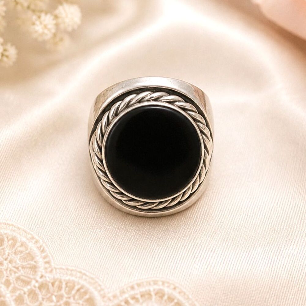 Vintage Black Onyx Boho Inspired Adjustable Silver Tone Ring